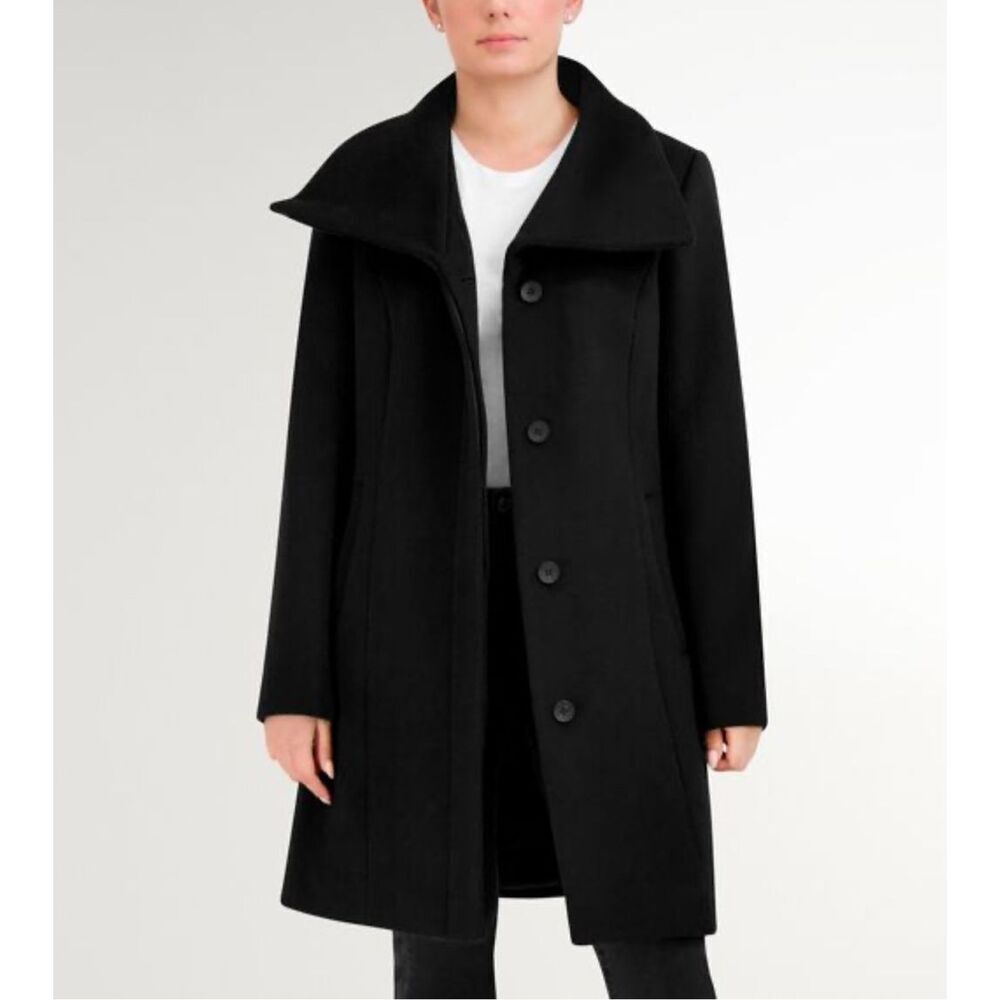 Cole Haan Black Convertible Collar Button Front Wool Cashmere Long Coat Size 4